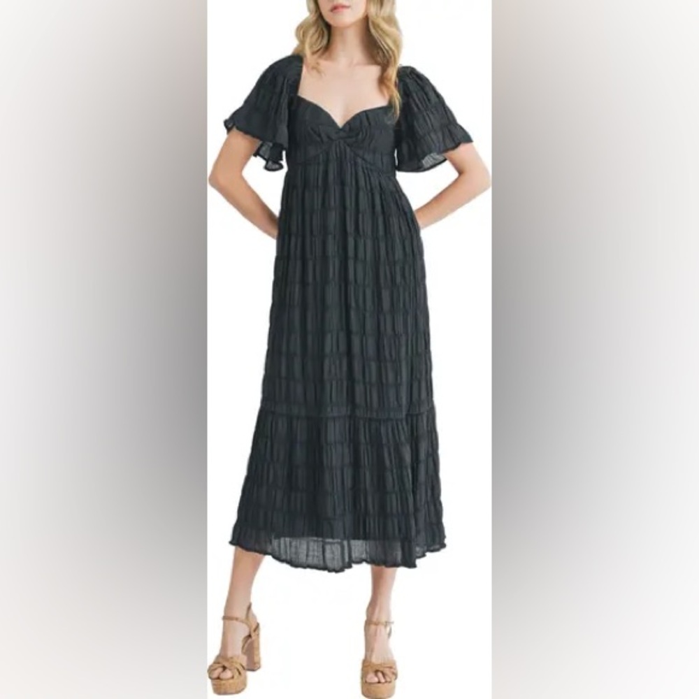 Lush Black Textured Midi Dress Flutter Short Sleeve Sun Summer Gauzy Striped